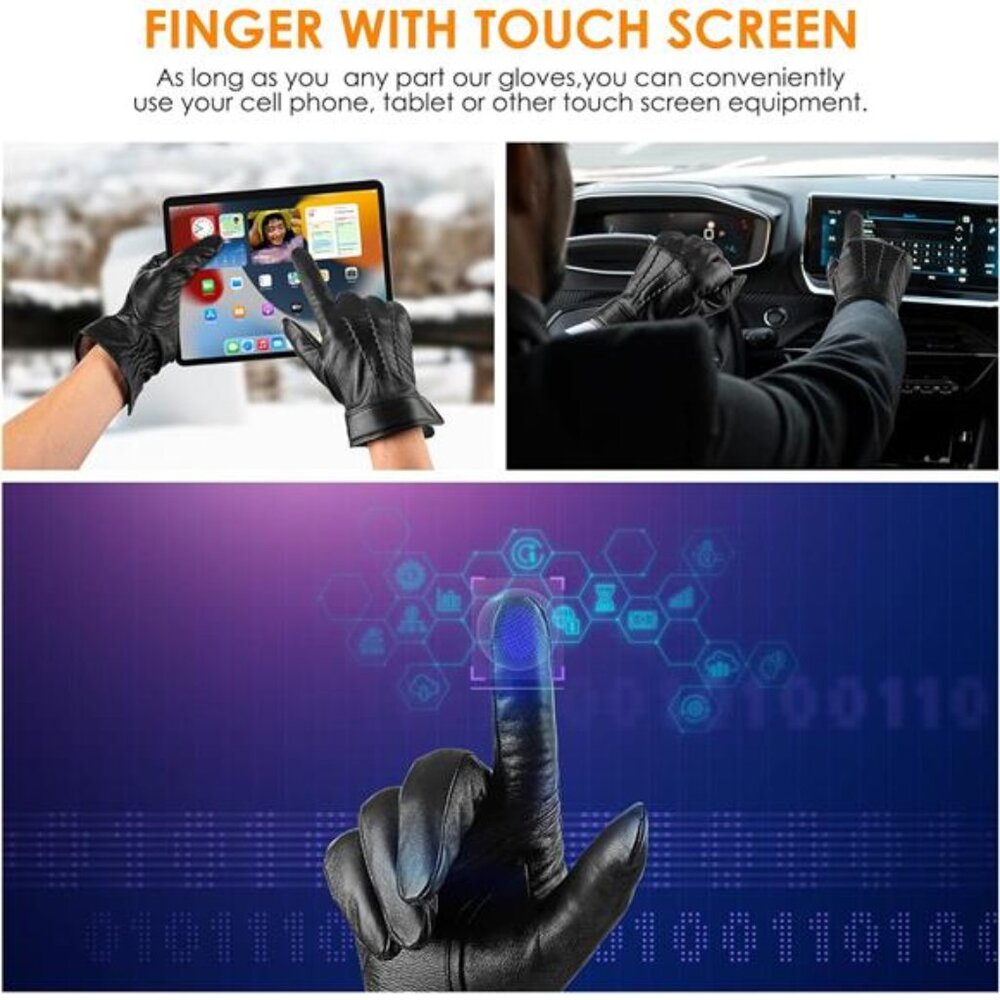 Genuine Sheepskin Leather Gloves for Men, Soft Cashmere Winter Warm Touch - Picture 8 of 12
